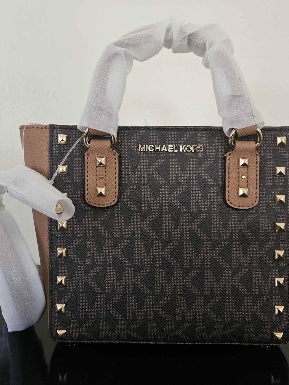 MICHAEL KORS Brown Logo Studded Satchel